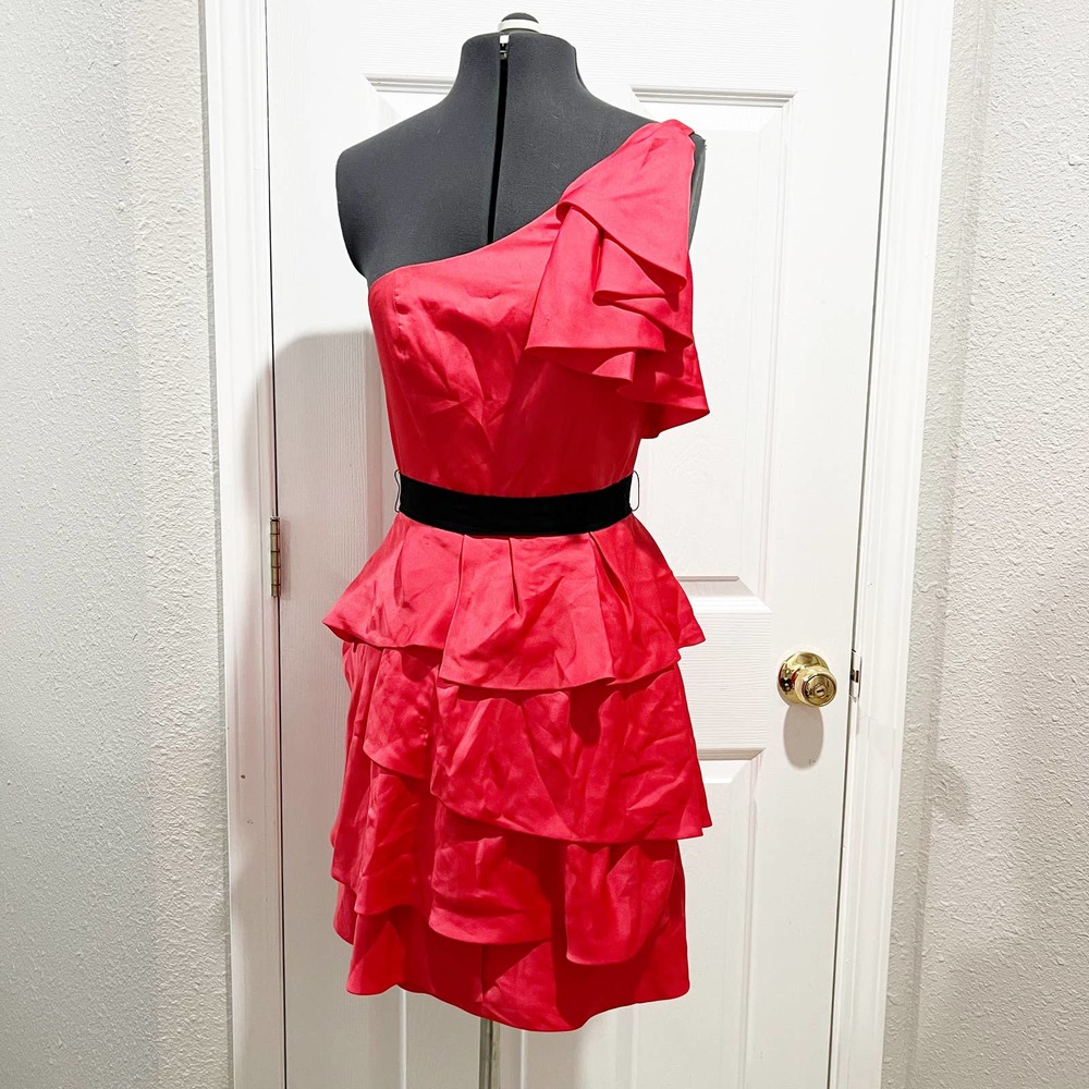 BCBG Maxazria Coral Passion Tiered Ruffle Mini Dress One Shoulder Size 2 NWT